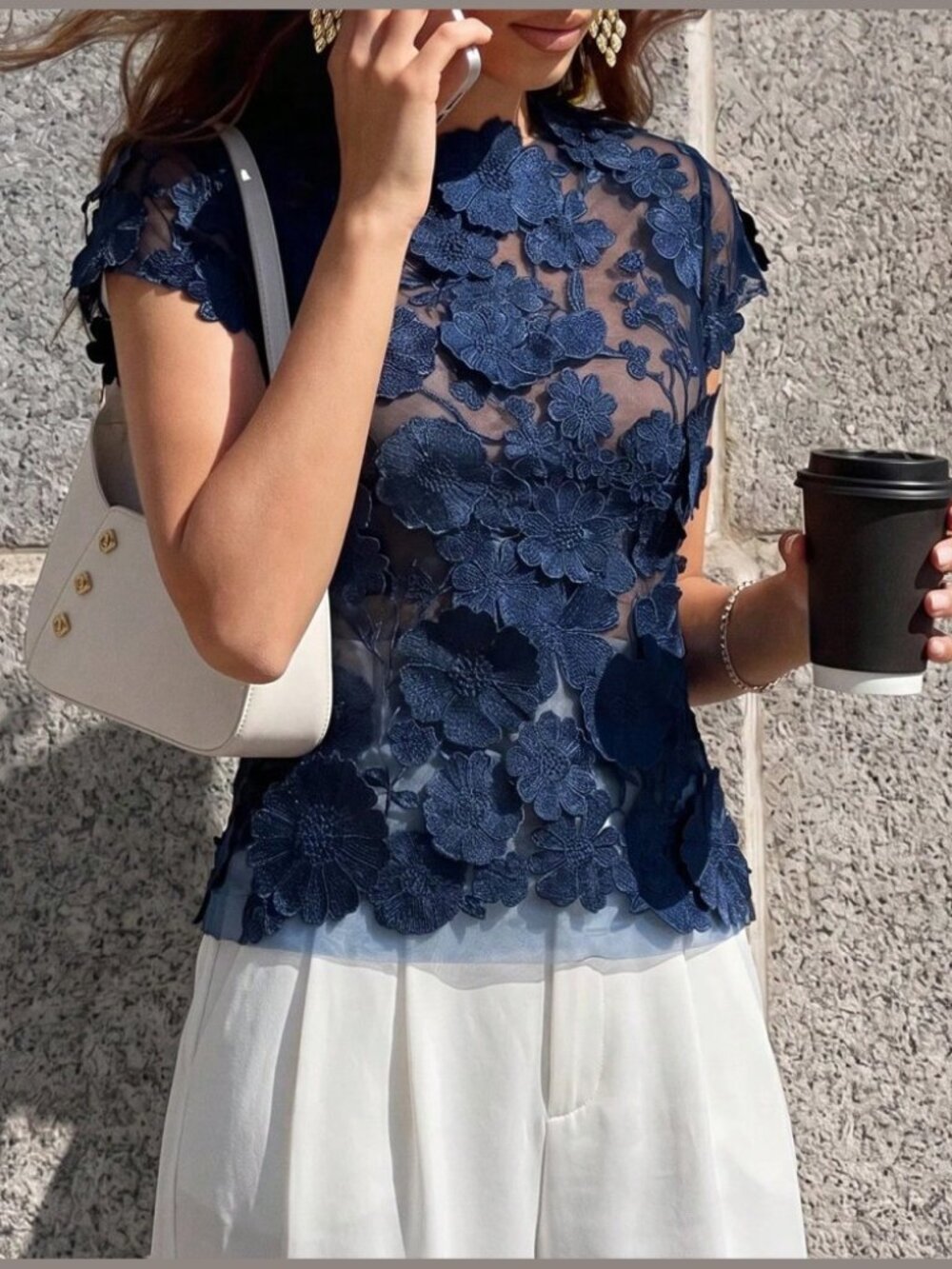 Navy Floral Lace Mesh Crop Top with Sheer Overlay